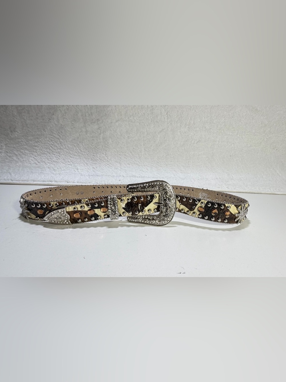West Star Texas Large Leather Rhinestone Western Belt Brown Cream Bling